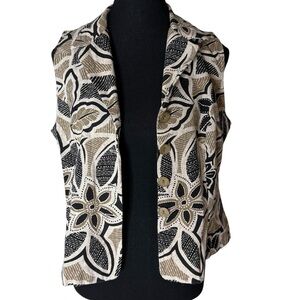 TYPHANY Vintage Floral Sleeveless Button Down Blouse Vest Tan Black Size 11